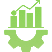 Mask group-1 Green gear with upward-trending bar graph and arrow inside, symbolizing growth and progress in renewable energy solutions.