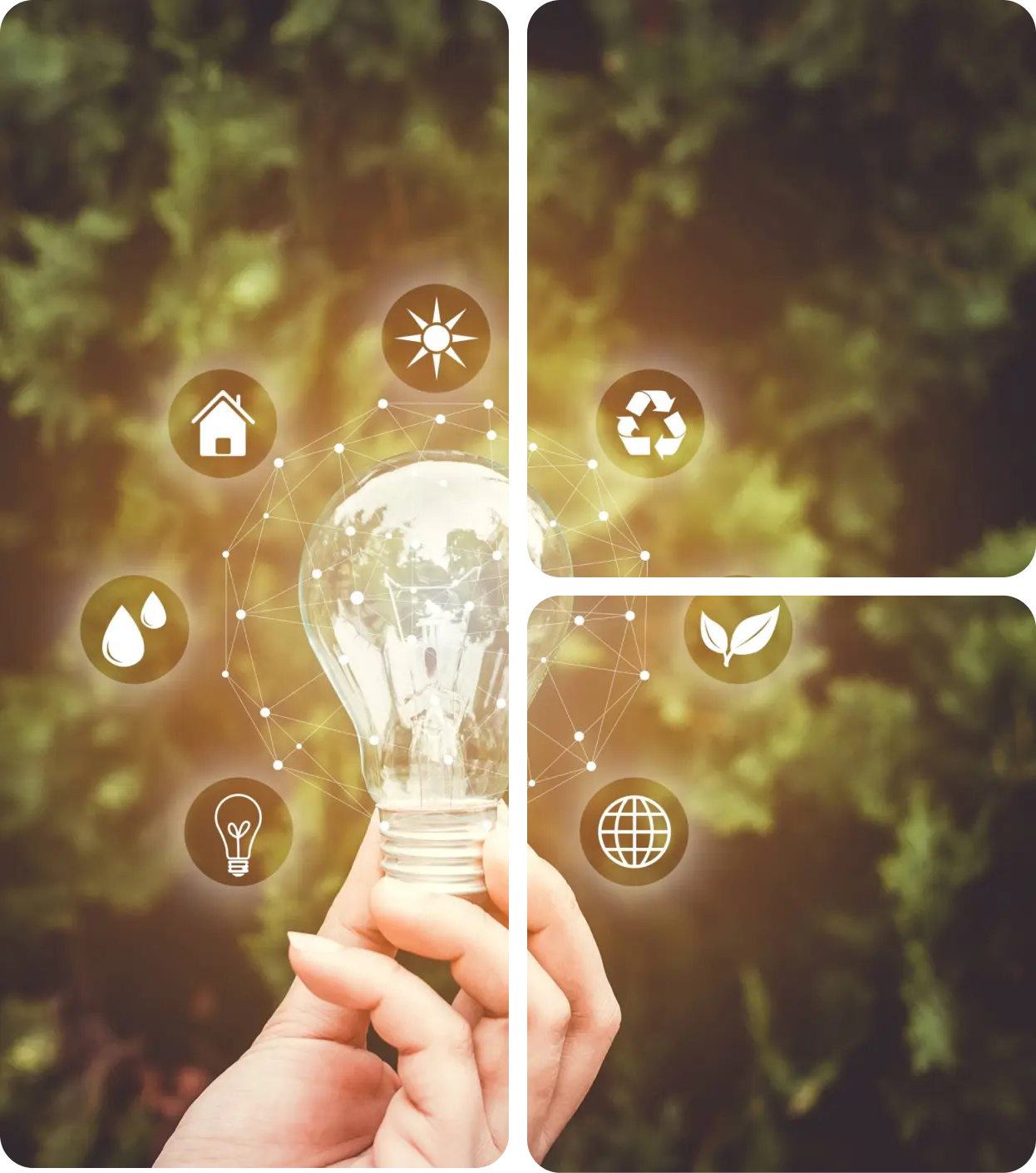 Mask group (1) A hand holds a light bulb surrounded by glowing icons, symbolizing our mission of eco-friendly concepts like recycling, solar energy, and water conservation, set against a serene green backdrop.