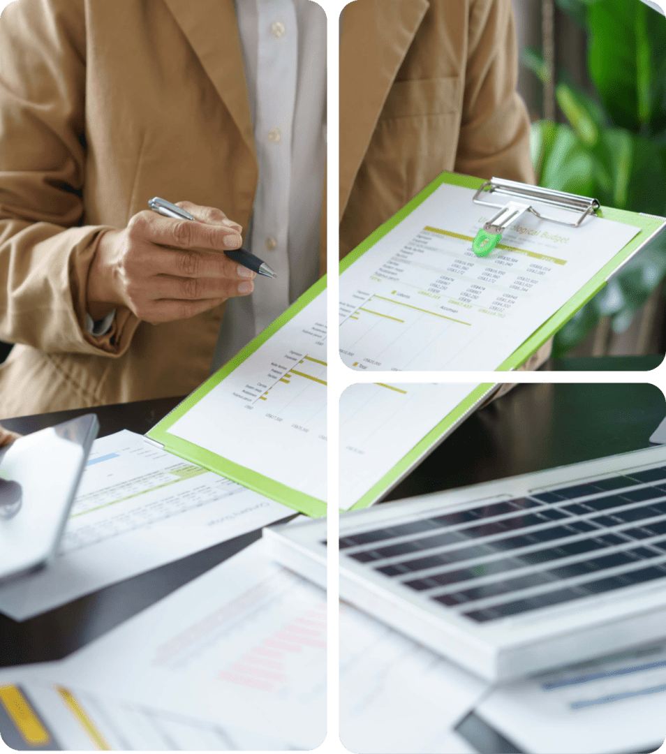Mask group (2) A person in a suit holds a pen and a clipboard with financial documents, carefully reviewing the impact of Energy Management Programs. Other papers are strategically spread across the table, detailing innovative steps towards sustainability and efficiency.